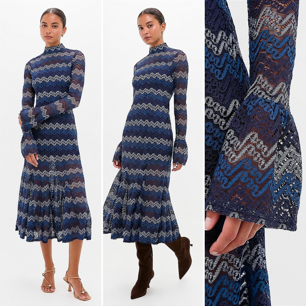En Saison Lorraine Midi Sweater Dress Blue Chevron Mock Neck Bell Sleeve M NEW